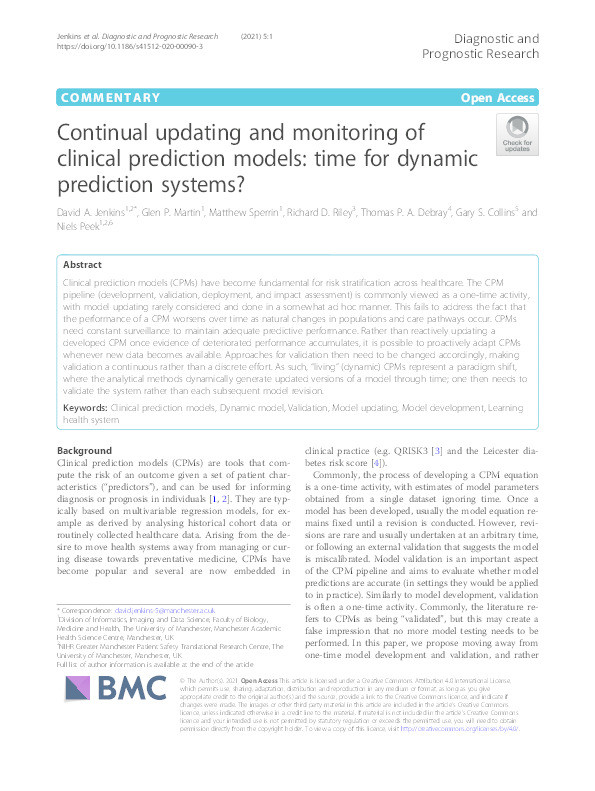 Continual updating and monitoring of clinical prediction models: time for dynamic prediction systems? Thumbnail