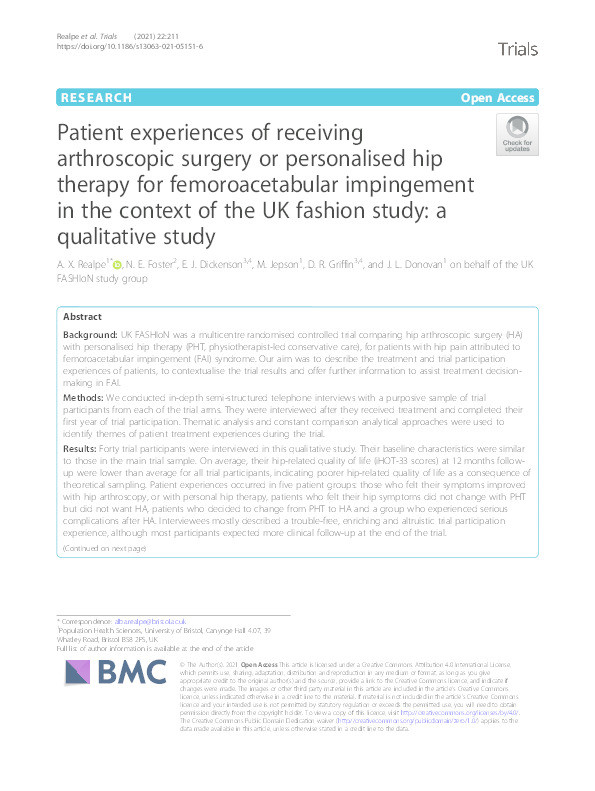 Patient experiences of receiving arthroscopic surgery or personalised hip therapy for femoroacetabular impingement in the context of the UK fashion study: a qualitative study Thumbnail