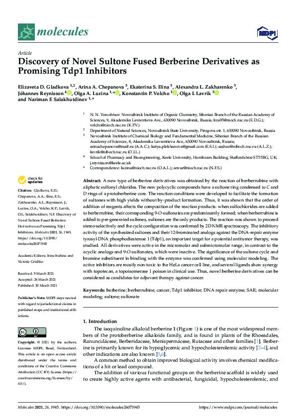Discovery of Novel Sultone Fused Berberine Derivatives as Promising Tdp1 Inhibitors. Thumbnail