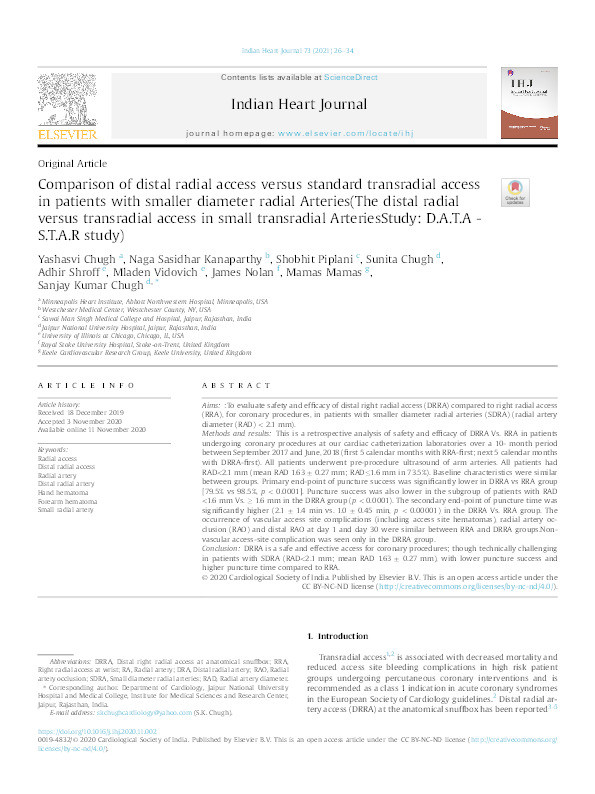 Comparison of distal radial access versus standard transradial access in patients with smaller diameter radial Arteries(The distal radial versus transradial access in small transradial ArteriesStudy: D.A.T.A - S.T.A.R study). Thumbnail