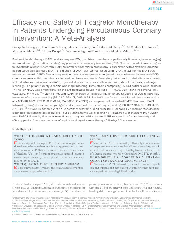 Efficacy and Safety of Ticagrelor Monotherapy in Patients Undergoing Percutaneous Coronary Intervention: A Meta-Analysis Thumbnail