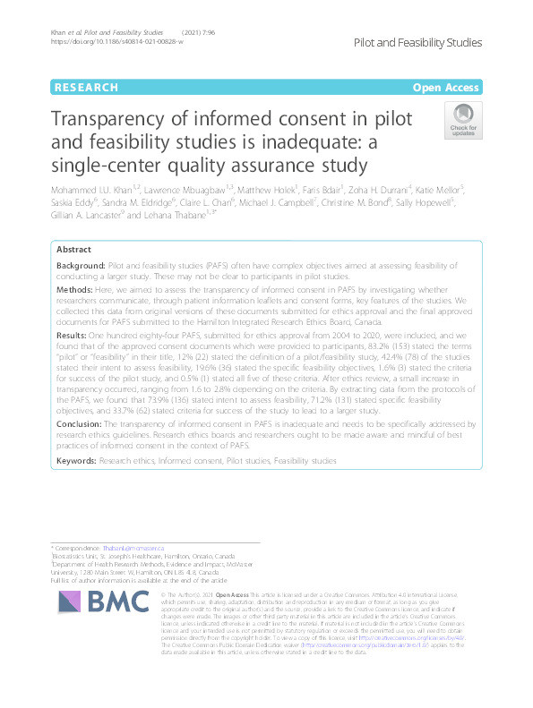 Transparency of informed consent in pilot and feasibility studies is inadequate: a single-center quality assurance study Thumbnail