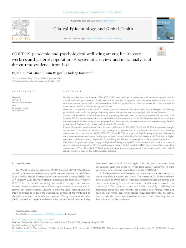 COVID-19 pandemic and psychological wellbeing among health care workers and general population: A systematic-review and meta-analysis of the current evidence from India Thumbnail