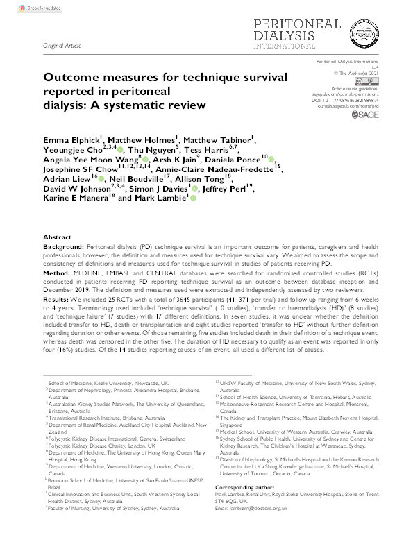 Outcome measures for technique survival reported in peritoneal dialysis: A systematic review. Thumbnail