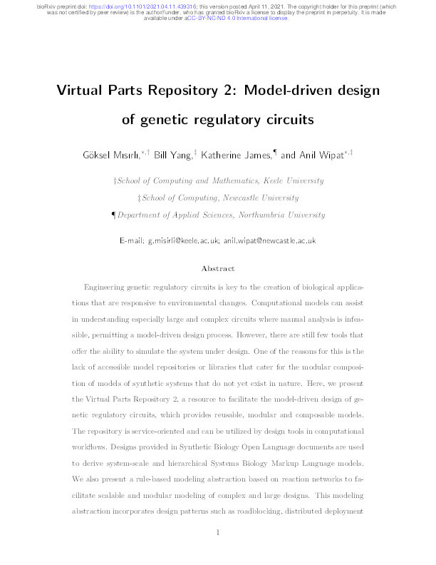 Virtual Parts Repository 2: Model-driven design of genetic regulatory circuits Thumbnail