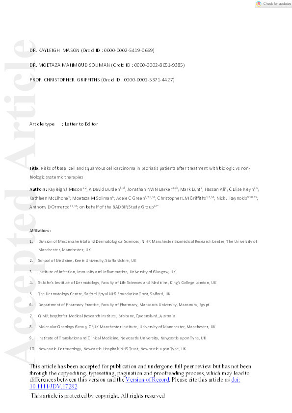 Risks of basal cell and squamous cell carcinoma in psoriasis patients after treatment with biologic vs non-biologic systemic therapies Thumbnail