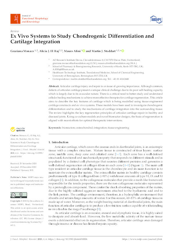Ex Vivo Systems to Study Chondrogenic Differentiation and Cartilage Integration Thumbnail