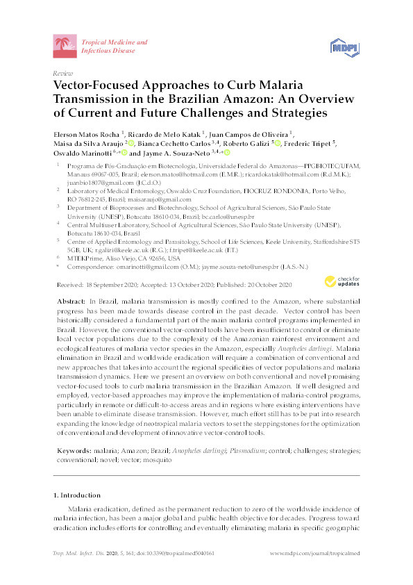 Vector-Focused Approaches to Curb Malaria Transmission in the Brazilian Amazon: An Overview of Current and Future Challenges and Strategies Thumbnail