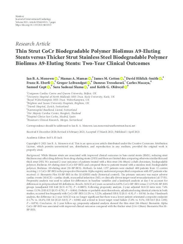 Thin Strut CoCr Biodegradable Polymer Biolimus A9-Eluting Stents versus Thicker Strut Stainless Steel Biodegradable Polymer Biolimus A9-Eluting Stents: Two-Year Clinical Outcomes. Thumbnail
