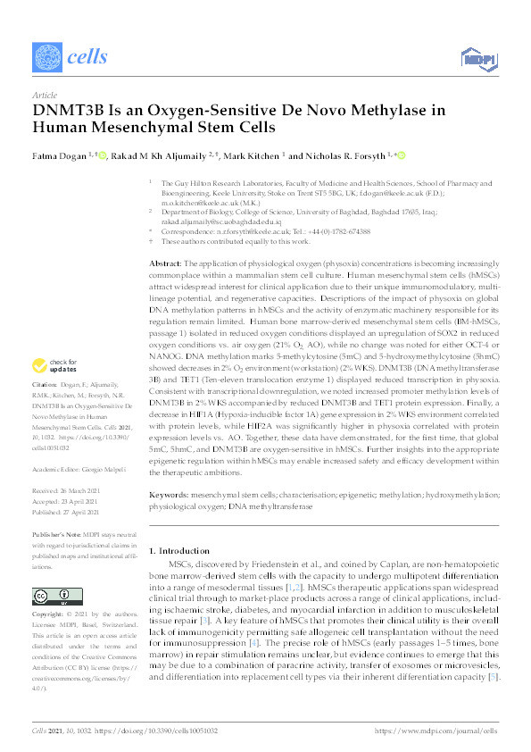 DNMT3B Is an Oxygen-Sensitive De Novo Methylase in Human Mesenchymal Stem Cells Thumbnail