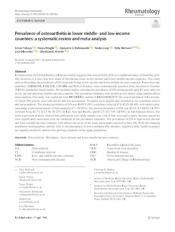 Prevalence of osteoarthritis in lower middle- and low-income countries: a systematic review and meta-analysis Thumbnail