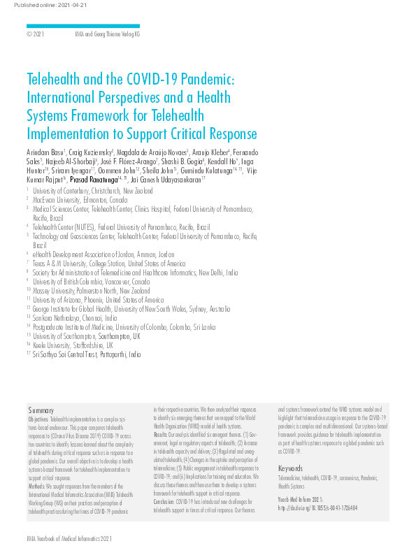 Telehealth and the COVID-19 Pandemic: International Perspectives and a Health Systems Framework for Telehealth Implementation to Support Critical Response. Thumbnail