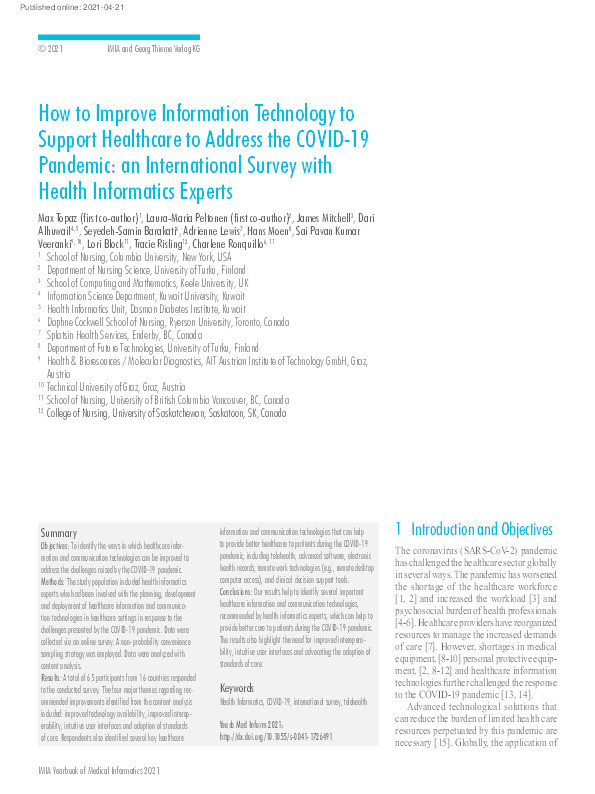 How to Improve Information Technology to Support Healthcare to address the COVID-19 Pandemic: an International Survey with Health Informatics Experts Thumbnail