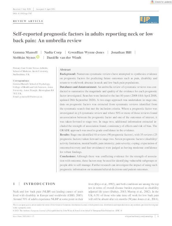 Self‐reported prognostic factors in adults reporting neck or low back pain: An umbrella review Thumbnail