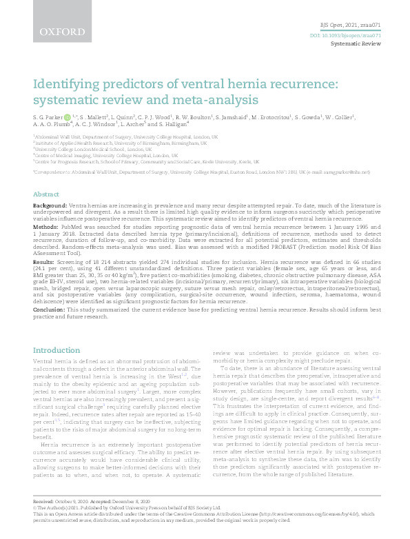 Identifying predictors of ventral hernia recurrence: systematic review and meta-analysis. Thumbnail