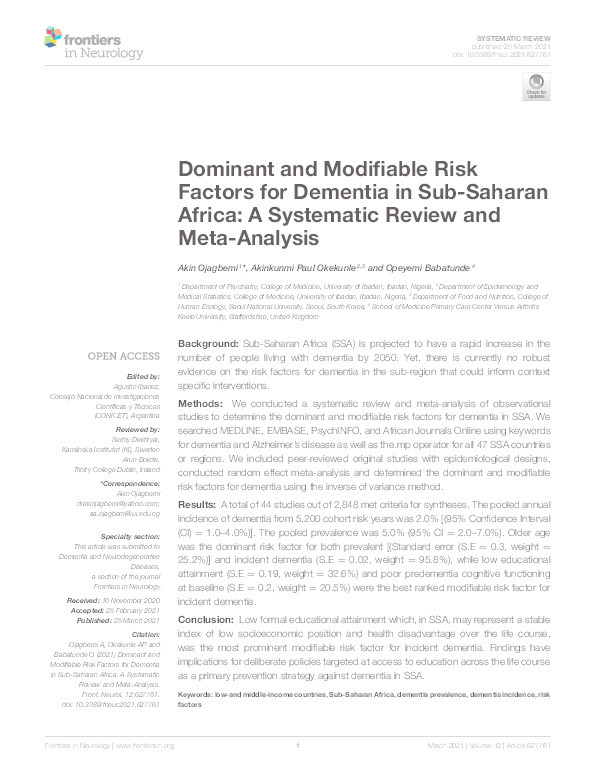 Dominant and Modifiable Risk Factors for Dementia in Sub-Saharan Africa: A Systematic Review and Meta-Analysis Thumbnail