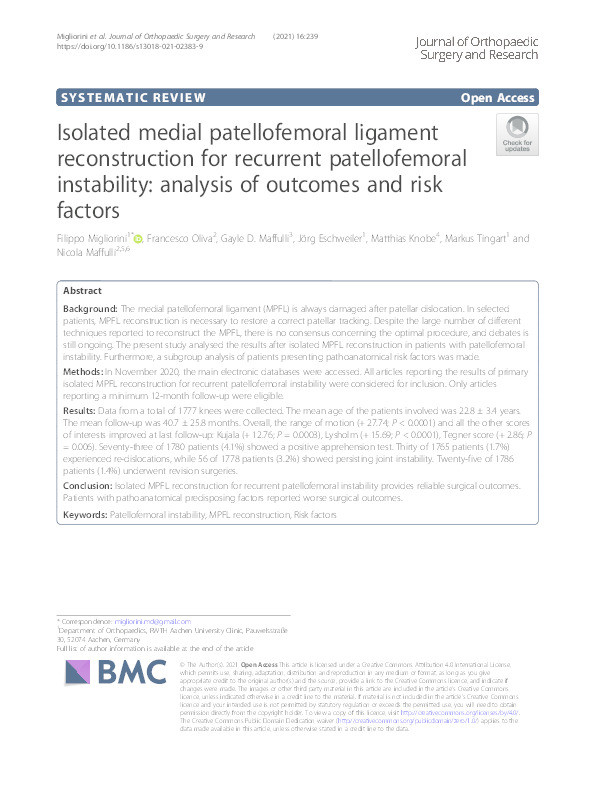 Isolated medial patellofemoral ligament reconstruction for recurrent patellofemoral instability: analysis of outcomes and risk factors. Thumbnail