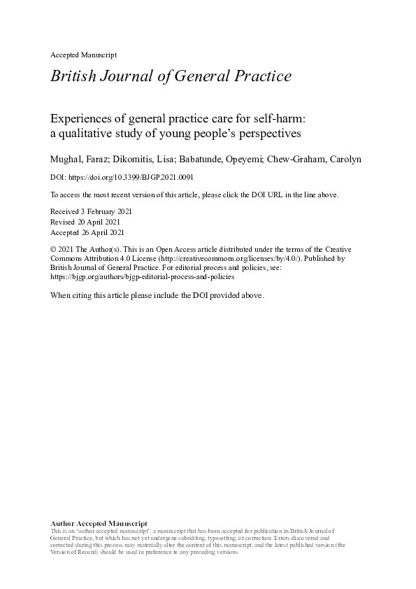 Experiences of general practice care for self-harm: a qualitative study of young people's perspectives. Thumbnail