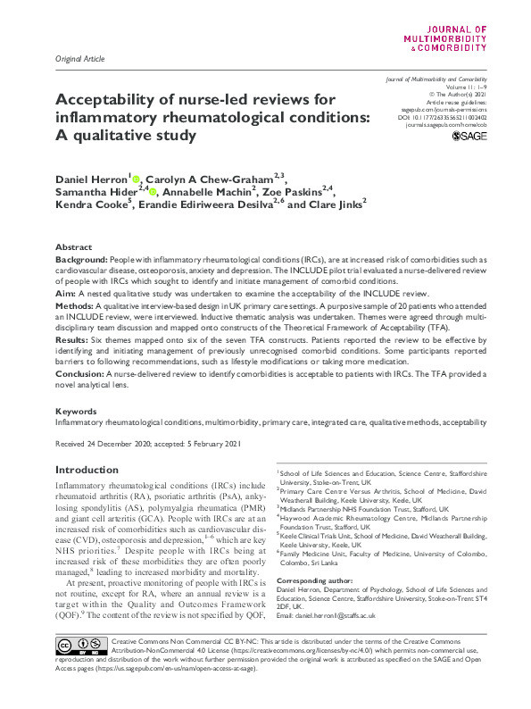 Acceptability of nurse-led reviews for inflammatory rheumatological conditions: A qualitative study. Thumbnail