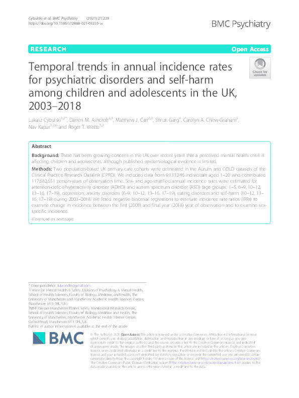 Temporal trends in annual incidence rates for psychiatric disorders and self-harm among children and adolescents in the UK, 2003-2018. Thumbnail