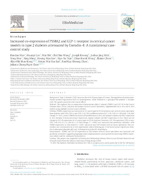Increased co-expression of PSMA2 and GLP-1 receptor in cervical cancer models in type 2 diabetes attenuated by Exendin-4: A translational case-control study. Thumbnail