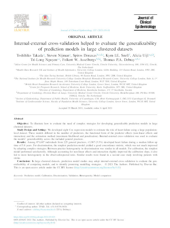 Internal-external cross-validation helped to evaluate the generalizability of prediction models in large clustered datasets. Thumbnail
