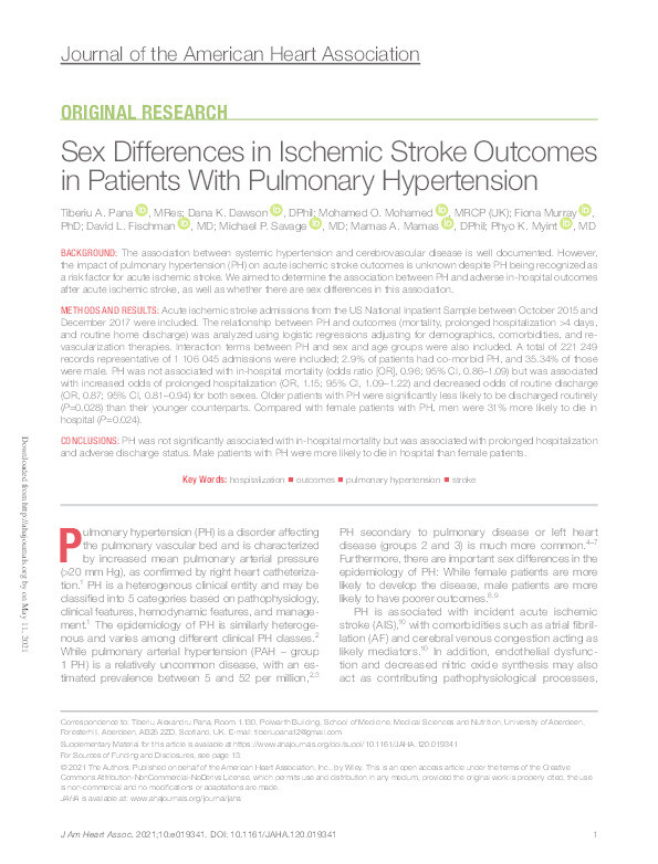 Sex Differences in Ischemic Stroke Outcomes in Patients With Pulmonary Hypertension. Thumbnail
