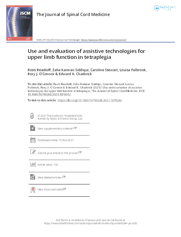 Use and evaluation of assistive technologies for upper limb function in tetraplegia Thumbnail