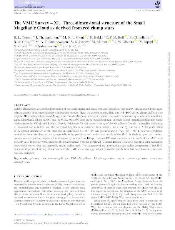 The VMC Survey – XL. Three-dimensional structure of the Small Magellanic Cloud as derived from red clump stars Thumbnail