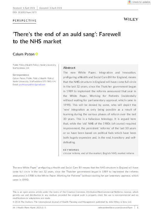 'There's the end of an auld sang': Farewell to the NHS market. Thumbnail