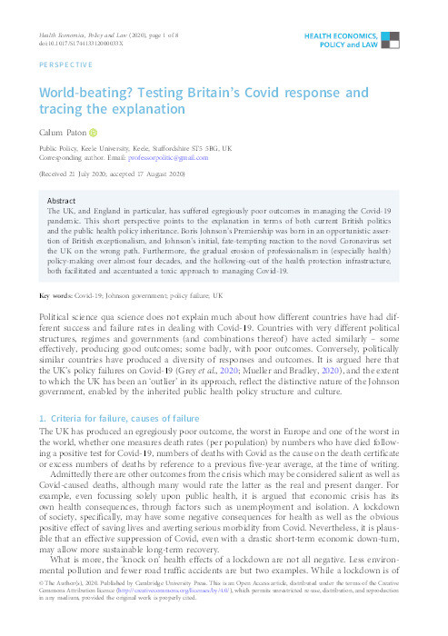 World-beating? Testing Britain's Covid response and tracing the explanation. Thumbnail