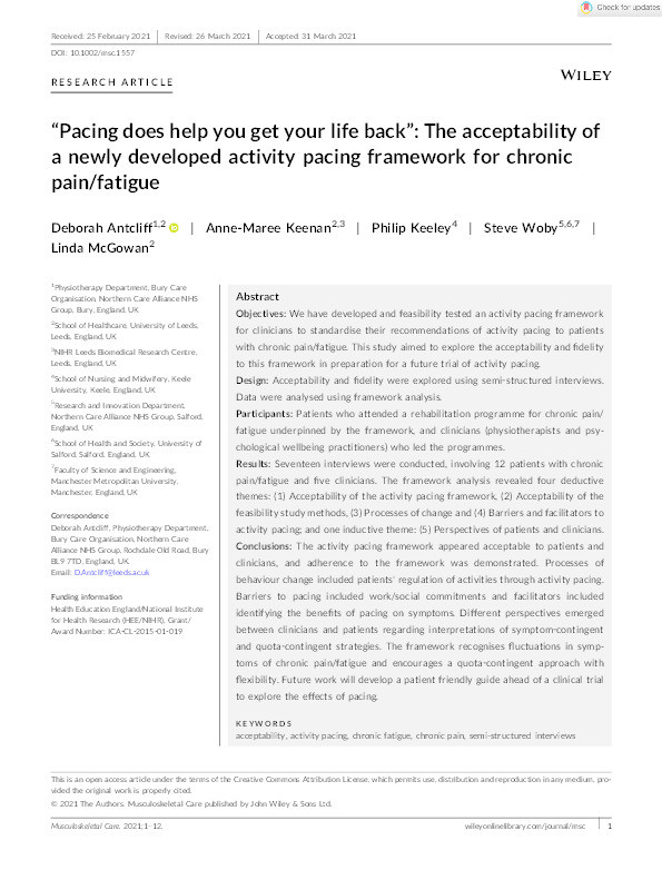 “Pacing does help you get your life back”: The acceptability of a newly developed activity pacing framework for chronic pain/fatigue Thumbnail