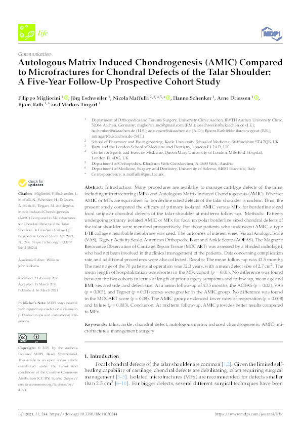 Autologous Matrix Induced Chondrogenesis (AMIC) Compared to Microfractures for Chondral Defects of the Talar Shoulder: A Five-Year Follow-Up Prospective Cohort Study. Thumbnail
