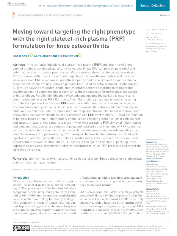 Moving toward targeting the right phenotype with the right platelet-rich plasma (PRP) formulation for knee osteoarthritis. Thumbnail