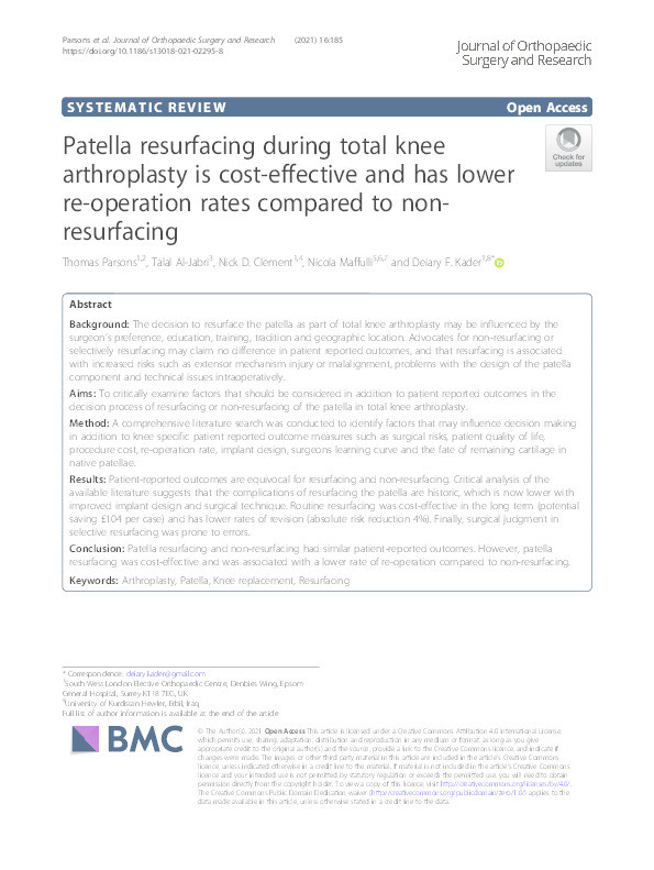 Patella resurfacing during total knee arthroplasty is cost-effective and has lower re-operation rates compared to non-resurfacing. Thumbnail