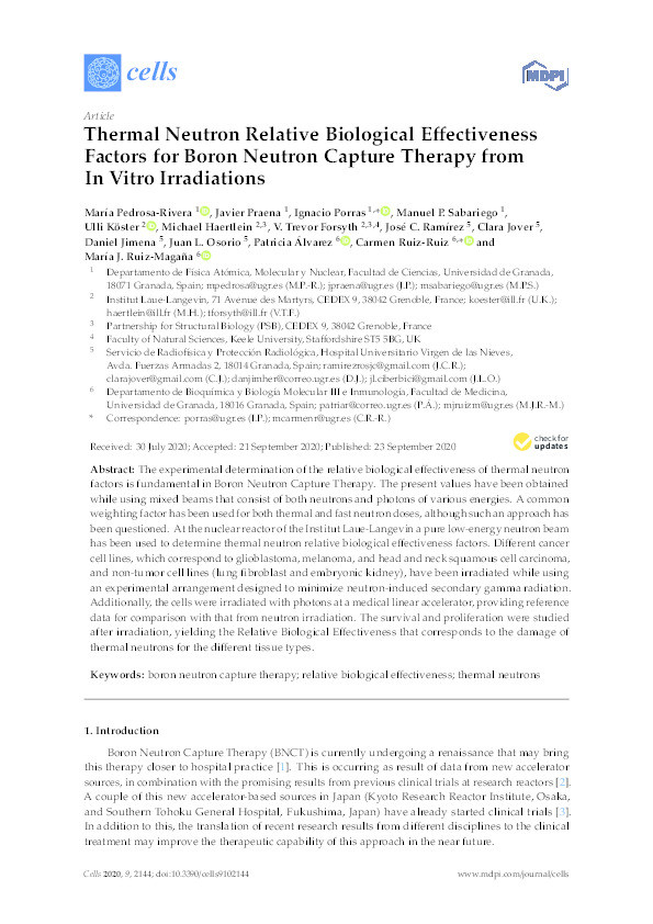 Thermal Neutron Relative Biological Effectiveness Factors for Boron Neutron Capture Therapy from In Vitro Irradiations. Thumbnail