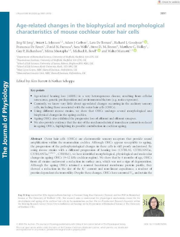 Age-related changes in the biophysical and morphological characteristics of mouse cochlear outer hair cells. Thumbnail
