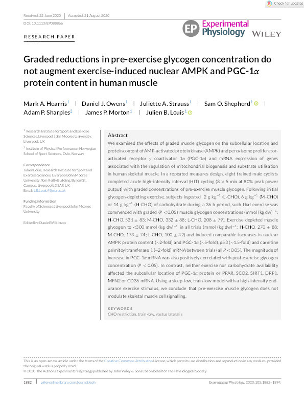 Graded reductions in pre-exercise glycogen concentration do not augment exercise-induced nuclear AMPK and PGC-1a protein content in human muscle. Thumbnail