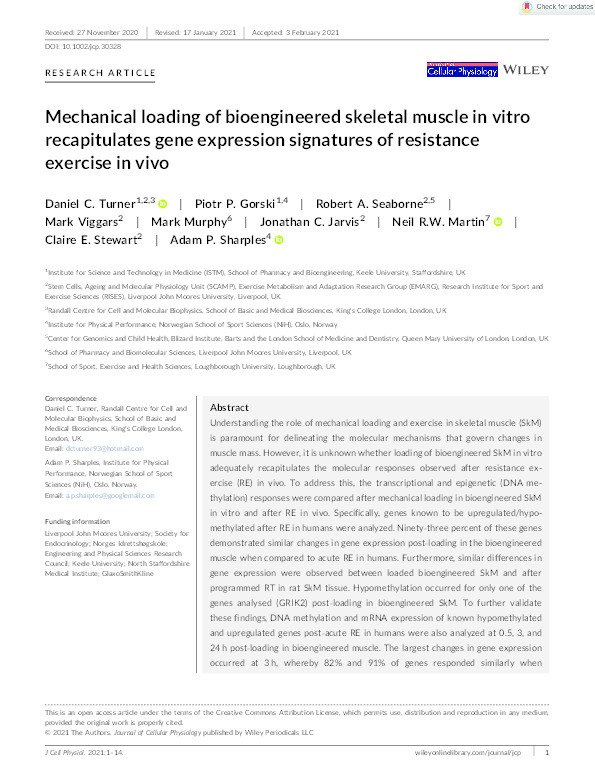 Mechanical loading of bioengineered skeletal muscle in vitro recapitulates gene expression signatures of resistance exercise in vivo Thumbnail