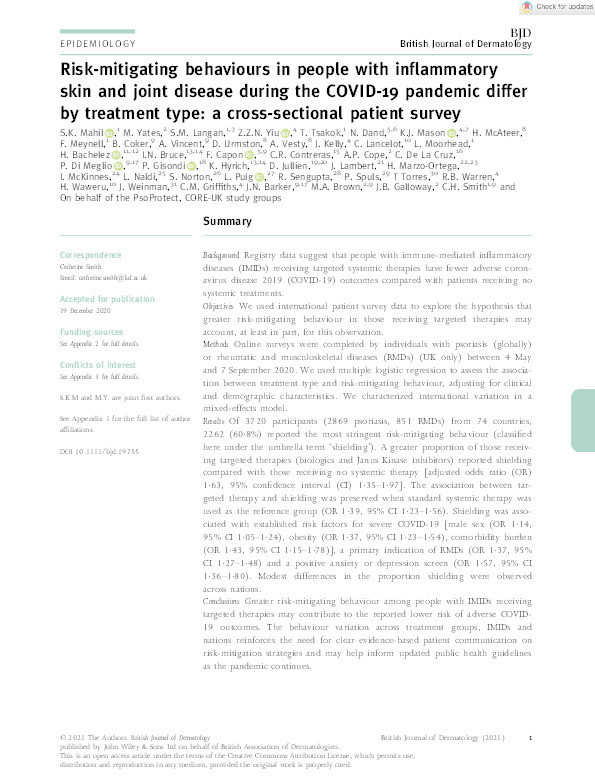 Risk-mitigating behaviours in people with inflammatory skin and joint disease during the COVID-19 pandemic differ by treatment type: a cross-sectional patient survey. Thumbnail