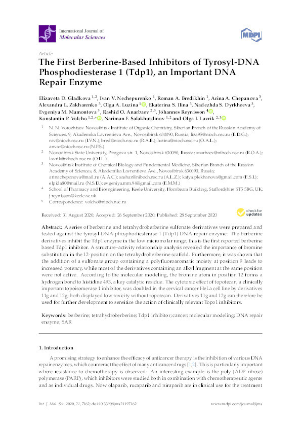 The First Berberine-Based Inhibitors of Tyrosyl-DNA Phosphodiesterase 1 (Tdp1), an Important DNA Repair Enzyme. Thumbnail