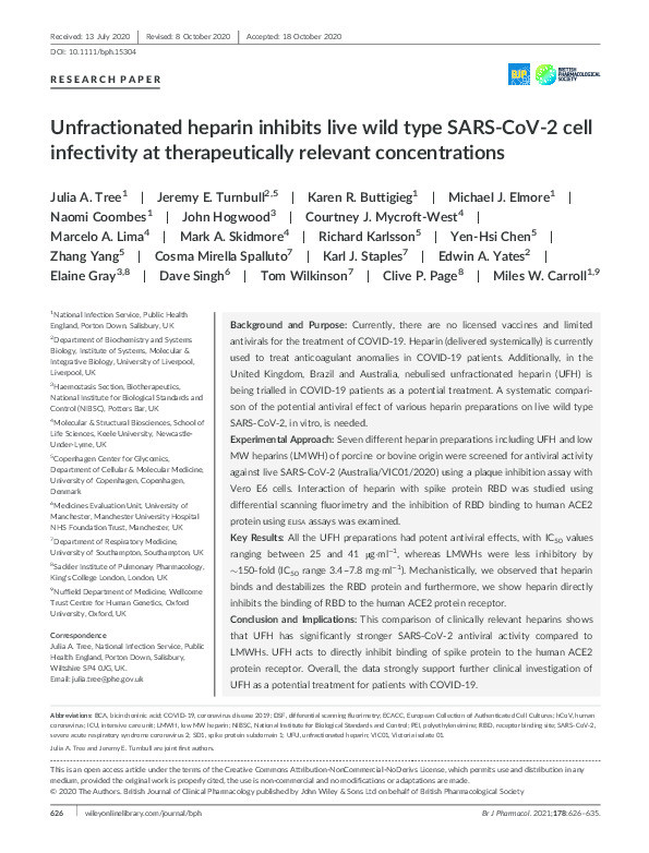 Unfractionated heparin inhibits live wild type SARS-CoV-2 cell infectivity at therapeutically relevant concentrations. Thumbnail