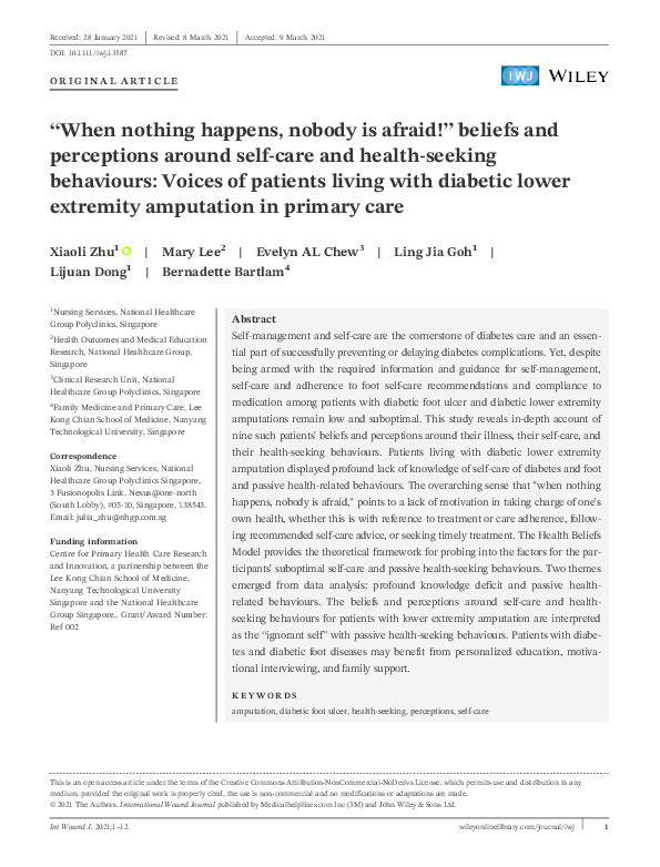 "When nothing happens, nobody is afraid!" beliefs and perceptions around self-care and health-seeking behaviours: Voices of patients living with diabetic lower extremity amputation in primary care. Thumbnail