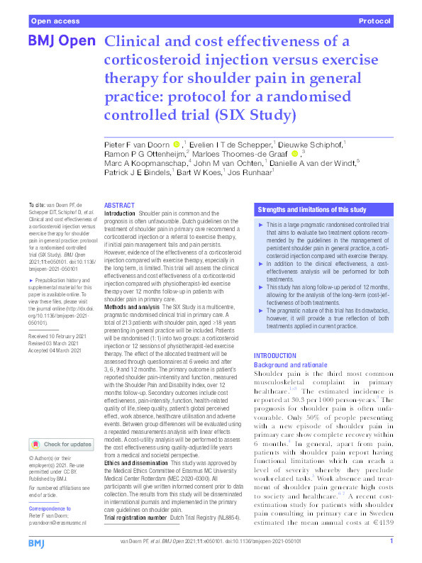 Clinical and cost effectiveness of a corticosteroid injection versus exercise therapy for shoulder pain in general practice: protocol for a randomised controlled trial (SIX Study). Thumbnail