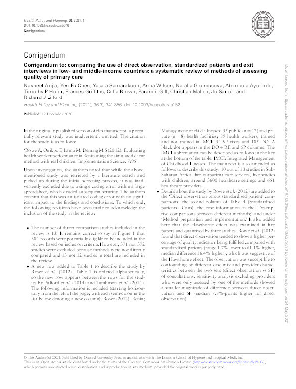 Corrigendum to: comparing the use of direct observation, standardized patients and exit interviews in low- and middle-income countries: a systematic review of methods of assessing quality of primary care. Thumbnail