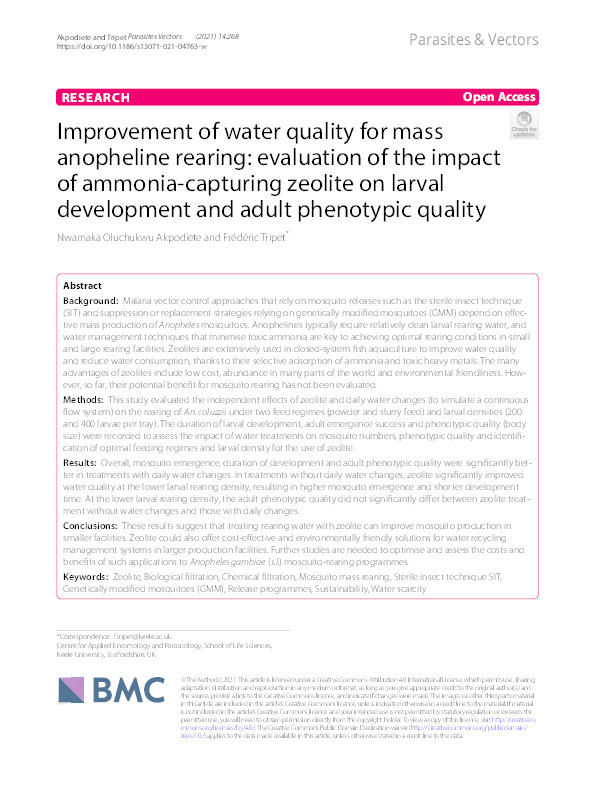 Improvement of water quality for mass anopheline rearing: evaluation of the impact of ammonia-capturing zeolite on larval development and adult phenotypic quality. Thumbnail