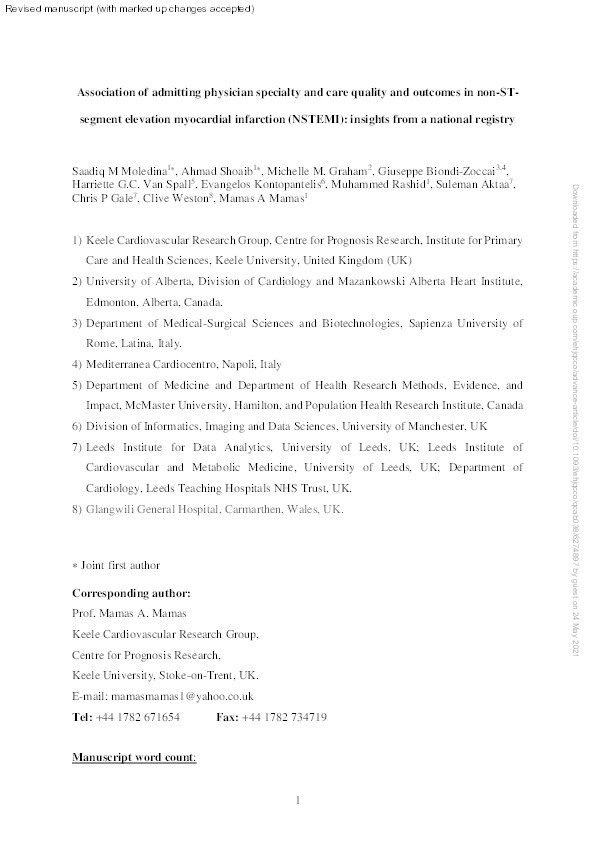 Association of admitting physician specialty and care quality and outcomes in non-ST-segment elevation myocardial infarction (NSTEMI): insights from a national registry. Thumbnail