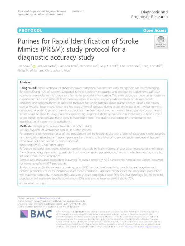 Purines for Rapid Identification of Stroke Mimics (PRISM): study protocol for a diagnostic accuracy study Thumbnail