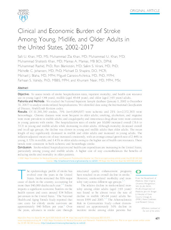 Clinical and Economic Burden of Stroke Among Young, Midlife, and Older Adults in the United States, 2002-2017 Thumbnail
