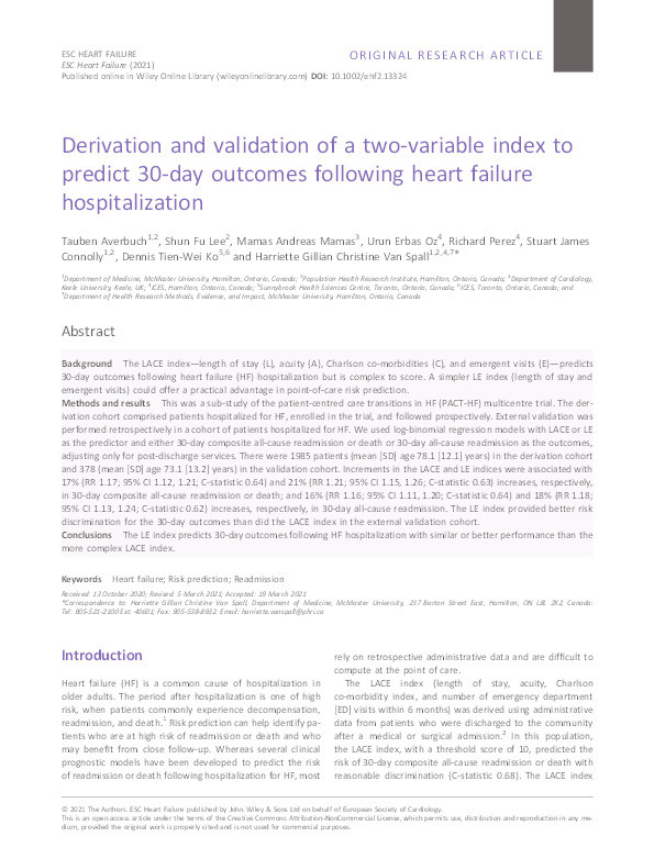Derivation and validation of a two-variable index to predict 30-day outcomes following heart failure hospitalization Thumbnail